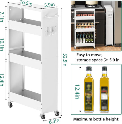 XYZLVSI Slim Storage Cart, Narrow Kitchen Rolling Cart for Small Spaces | 5.9" W skinny storage cart, 12.4" bottom metal utility cart with 360° swivel wheels for bathroom/laundry, slim shelf, white