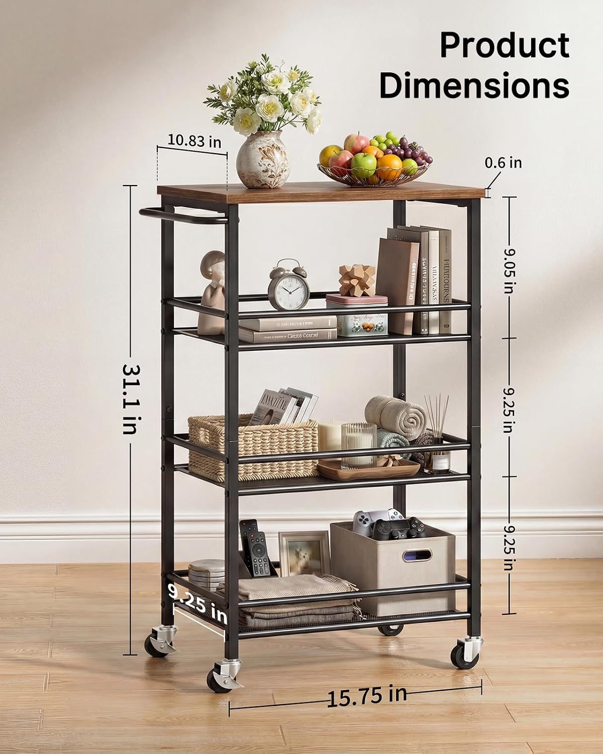 Pipishell Slim Storage Cart with Wheels - 4 Tier Rolling Kitchen Storage Cart with Handle and Wood Top, Metal Slim Bathroom Cart for Laundry Room, Bathroom, Kitchen, Narrow Space, Black & Rustic Brown