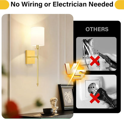 24.8 Inch Black Battery Operated Wall Sconces Set of 2, Rechargeable Wireless Wall Lights with Remote & White Fabric Shade, Indoor Not Hardwired Dimmable Wall Lamps for Bedroom, 2 Bulbs Included