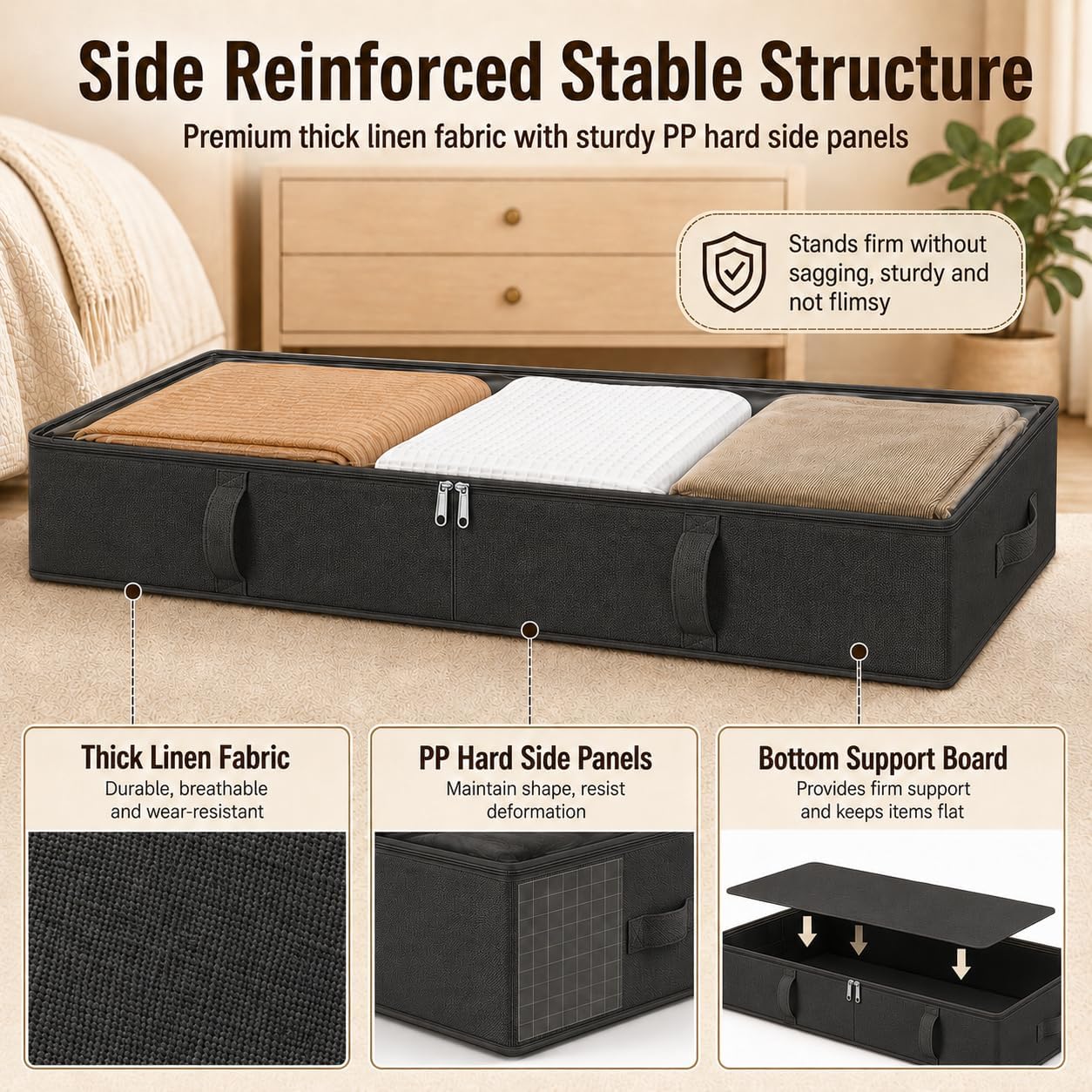 Vailando Side-Supported Under Bed Storage Containers, 6 Inches Tall 60L Underbed Storage Bins with Sturdy Handles and Sidewalls, Closet Organizer for Clothes, Blankets, Seasonal Items, Beige, 2-Pack