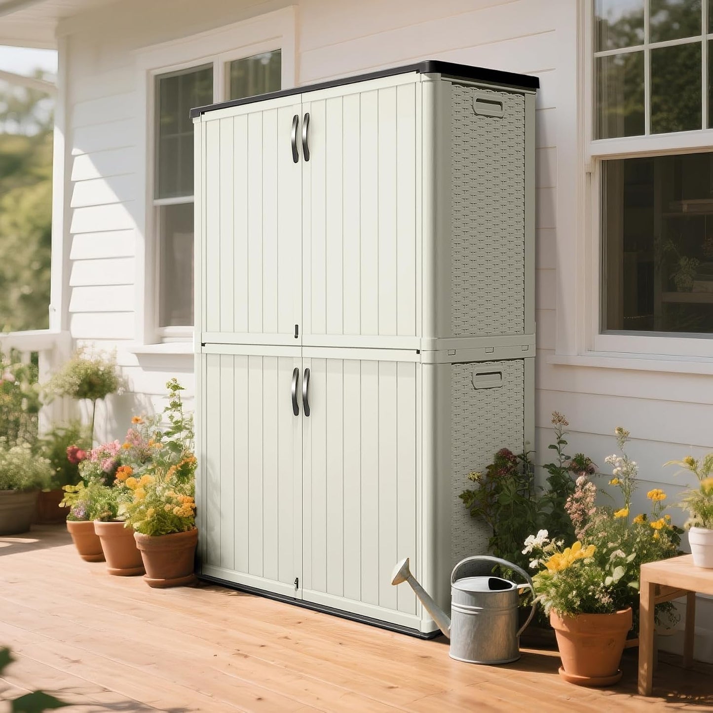 Greesum Outdoor Storage Cabinet, 26 CUFT Deck Box Without Shelves, Waterproof Plastic Storage Shed for Patio Cushions, Gardening Tools, Lockable and Sidehandles, UV Resistant, Beige