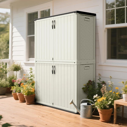 Greesum Outdoor Storage Cabinet, 26 CUFT Deck Box Without Shelves, Waterproof Plastic Storage Shed for Patio Cushions, Gardening Tools, Lockable and Sidehandles, UV Resistant, Beige