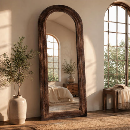ZHUNFA Arched Full Length Mirror with Solid Wood Frame | 65x22 Farmhouse Wall Mirror Full Length with Stand, Vertical Hanging, Leaning Standing for Bedroom,Living Room, Rustic White