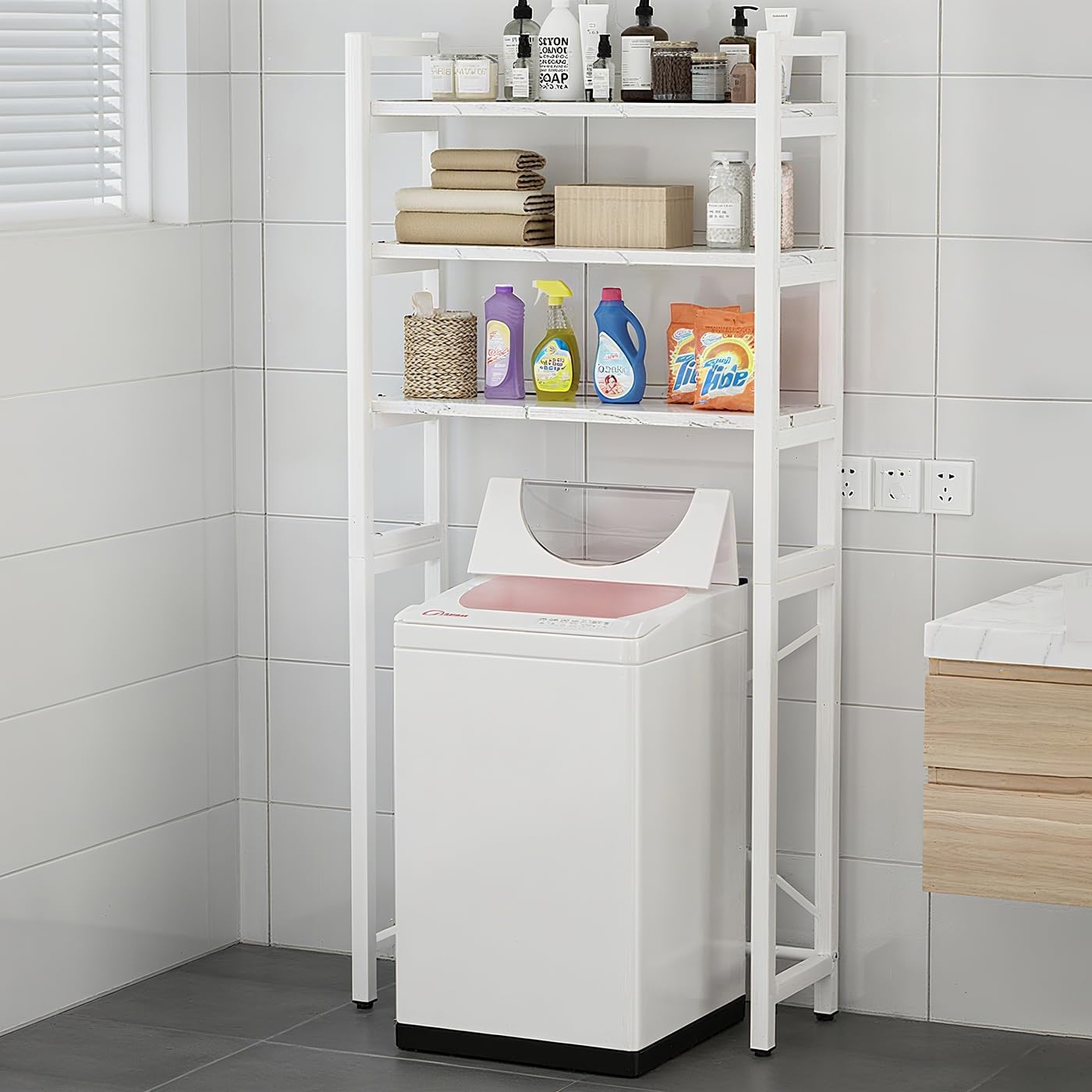 Gdrasuya10 Over the Washer and Dryer Storage Shelf for Laundry Room, 3 Tier White Washer Storage Utility Rack Shelf Laundry Storage Shelf Organizer Space Saving for Room