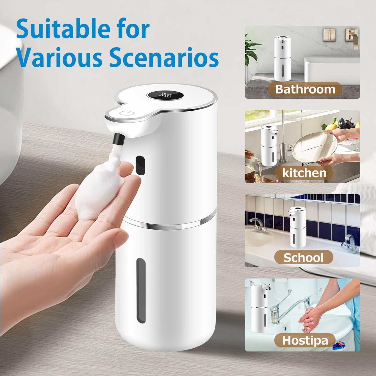 Automatic Foaming Soap Dispenser 12.8oz, Rechargeable & 6 Levels Foaming Adjustable with Digital Display, Wall Mount, Waterproof, Touchless Hand/Dish Soap Dispenser for Kitchen, Bathroom, Hotel