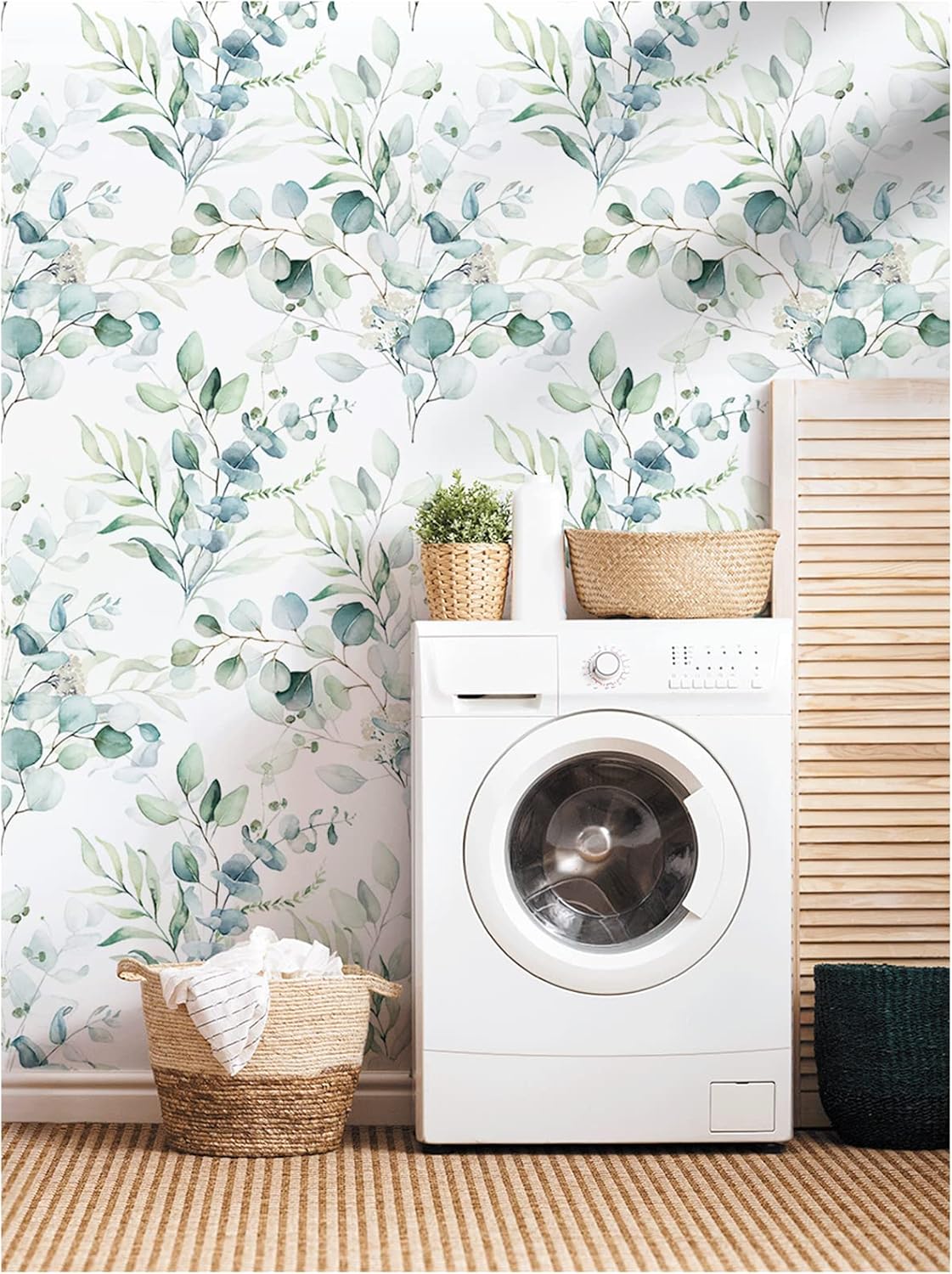 HAOKHOME Peel and Stick Wallpaper Boho Green/White Botanical Leaf Floral Wall Mural Home Nursery Decor Renter Friendly Wallpaper 17.3in x 9.8ft
