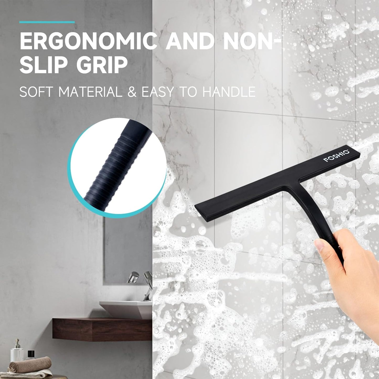 FOSHIO Shower Squeegee for Glass Doors with Suction Cup, Silicone Squeegee for Window Cleaning, Small Squeegee for Shower Glass Door, Window Squeegee with Stainless Steel Non-Slip Handle (Black)