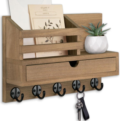 Key Holder Wall Mount, Mail Holder with Storage Drawer and 5 Key Hooks for Coat, Dog Leash, Home Decor Rack, House Accessories, Entry Way Organizer