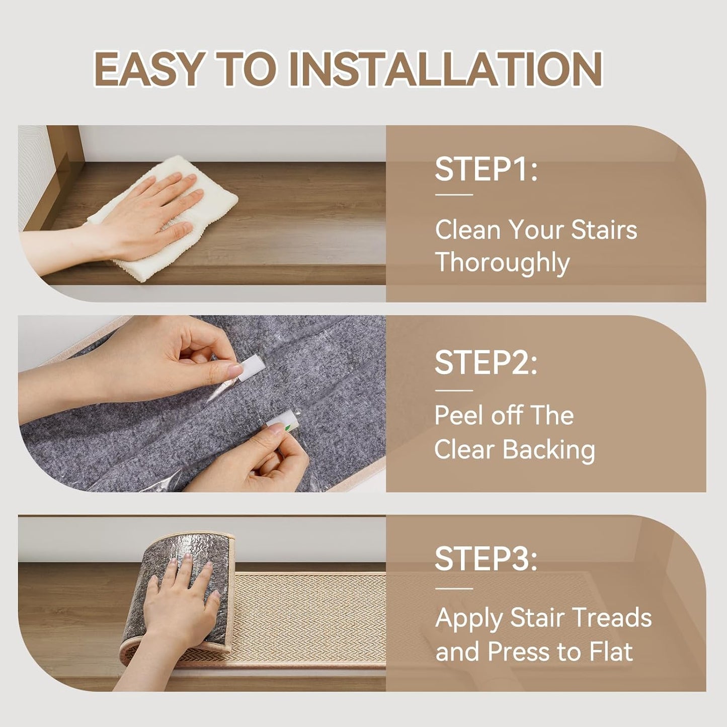 YDKGL Stair Treads Non Slip for Wooden Steps Indoor 15 Pack, Reusable Peel and Stick Adhesive Stair Treads Runner Rugs, Stair Carpet Floor Mats for Elders Pets, Easy to Install, Brown 8" x 30"