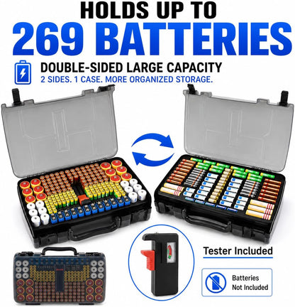 Battery Organizer Storage Case with Tester for 269 Batteries, Double Sides | Plastic, For AA AAA 4A C D Cell 9V 3V LR44 CR2 CR123 CR1632 18650 Button, Wall/Drawer, For Families/DIY/Home/Garage, Grey