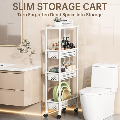 Slim 4 Tier Rolling Storage Cart Narrow Bathroom Organizer on Wheels Blue | 6.7" wide for tight bathroom/kitchen gaps, extra-tall tier, 360° casters, quick-dry shelves, tool-free storage rack