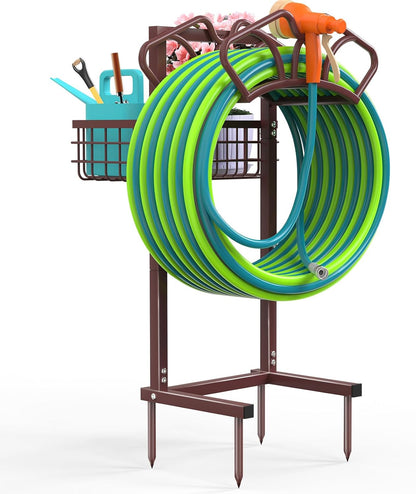 Qatsrin Upgraded Garden Hose Holder with Large Basket, Heavy Duty Water Hose Holder Supports 160-ft Hoses, Freestanding Detachable Hose Stand Storage Reel Hanger Rack for Yard Lawn Farm
