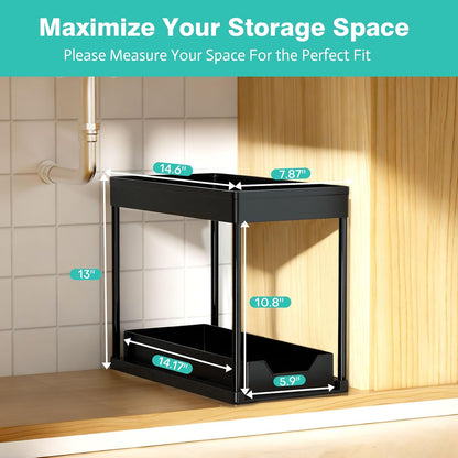 Under Sink Organizers and Storage 2 Pack, Pull-Out Sliding Cabinet Organizer with 2-Tier Storage Shelf & 4 Hooks, Multi-Purpose for Kitchen & Bathroom (13 Inch, White)