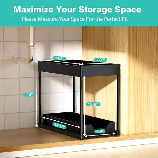 Under Sink Organizers and Storage 2 Pack, Pull-Out Sliding Cabinet Organizer with 2-Tier Storage Shelf & 4 Hooks, Multi-Purpose for Kitchen & Bathroom (13 Inch, White)