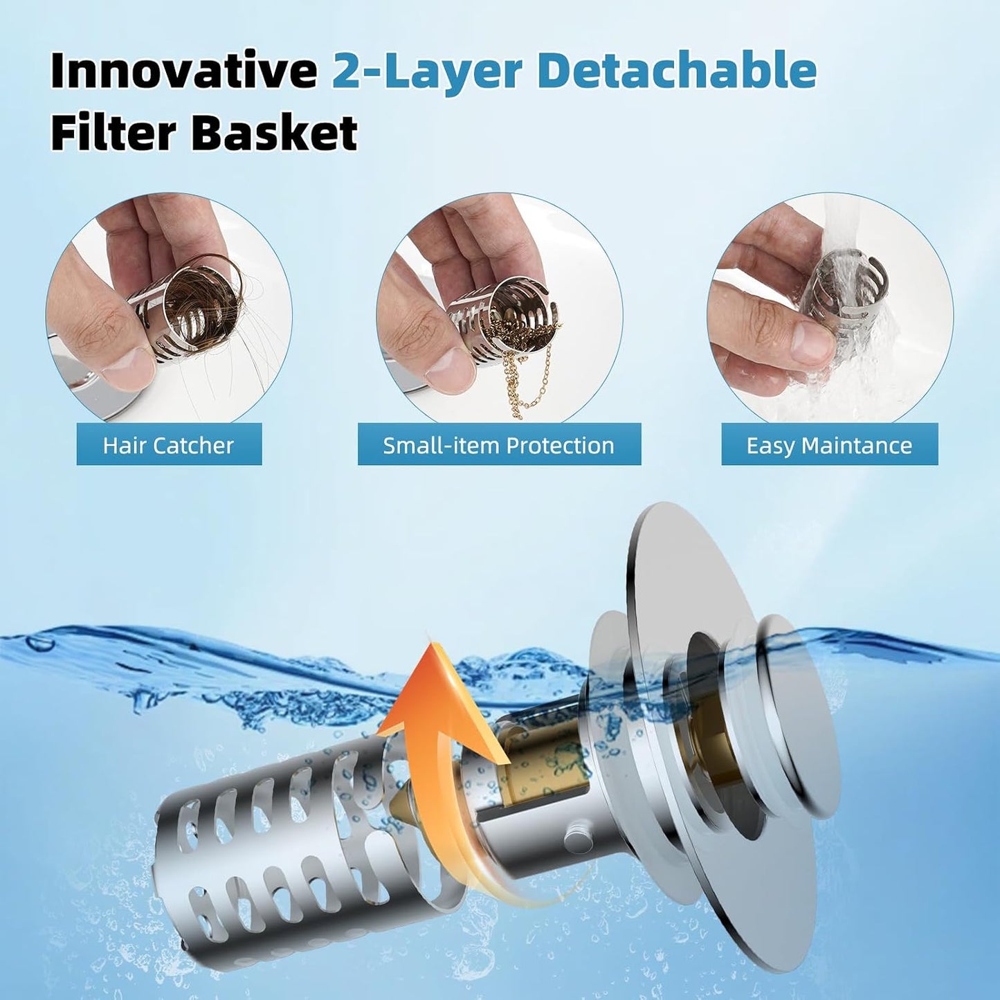 Universal Metal Bathroom Sink Drain Strainer Hair Catcher Upgraded 3 in 1 Pop-up Sink Stopper, with Detachable Stainless Steel Filter Basket, Fit for Standard 1.1''~2.36'' Basin Hole, Brushed Nickle