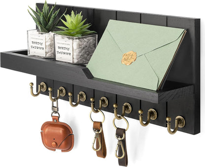 Rebee Vision Decorative Key Holder Wall Mount - Rustic Key Holder for Wall with Shelf and Mail Organizer for Living Room Decor - Home Essentials for Home Improvement (Brown, 3.54" x 10" x 7.28")