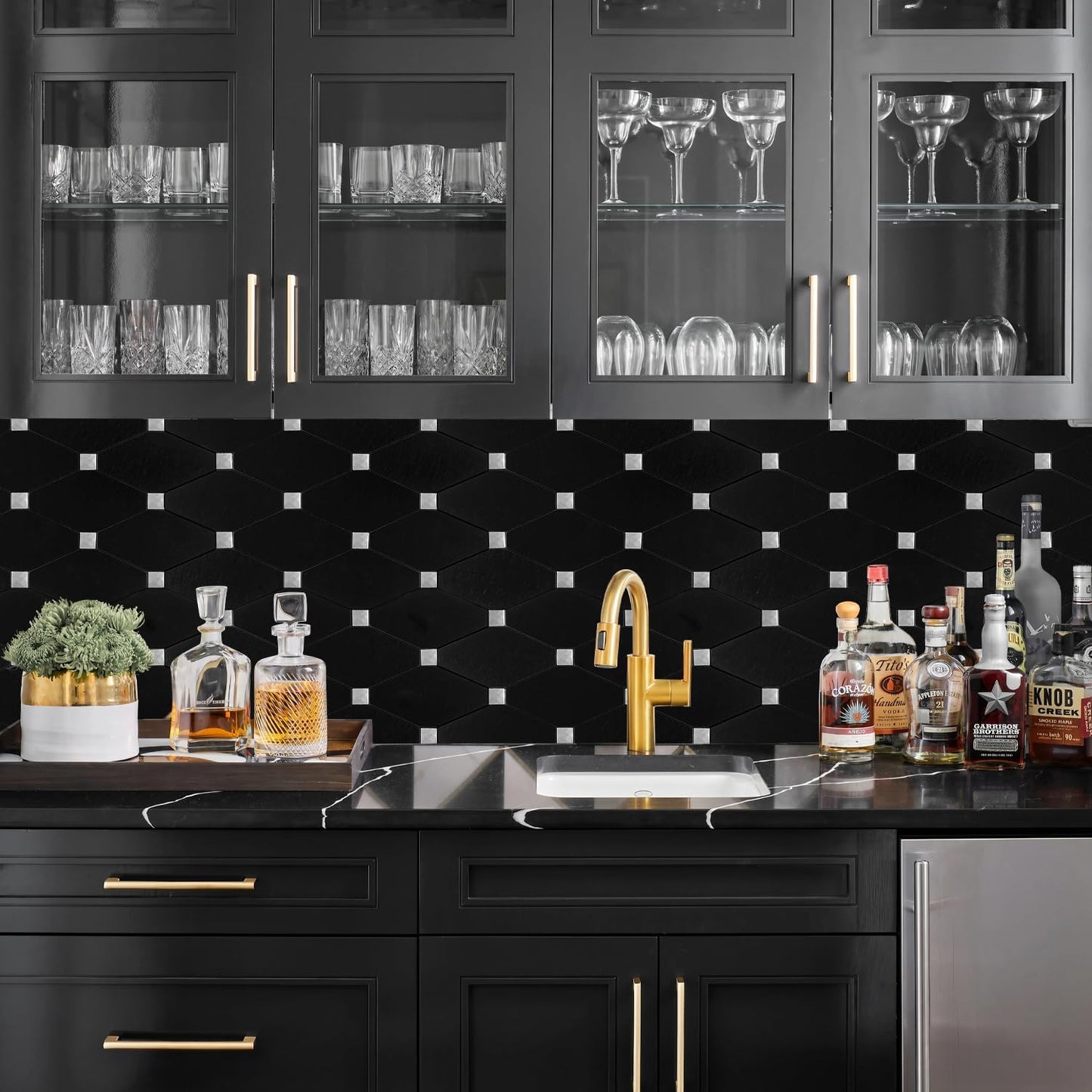 STICKGOO 10 Sheets Peel and Stick Backsplash, Polished Dolomite PVC Mixed Metal Gold Kitchen Backsplash, Stick on Backsplash Wall Tiles for Kitchen, Bathroom, RV