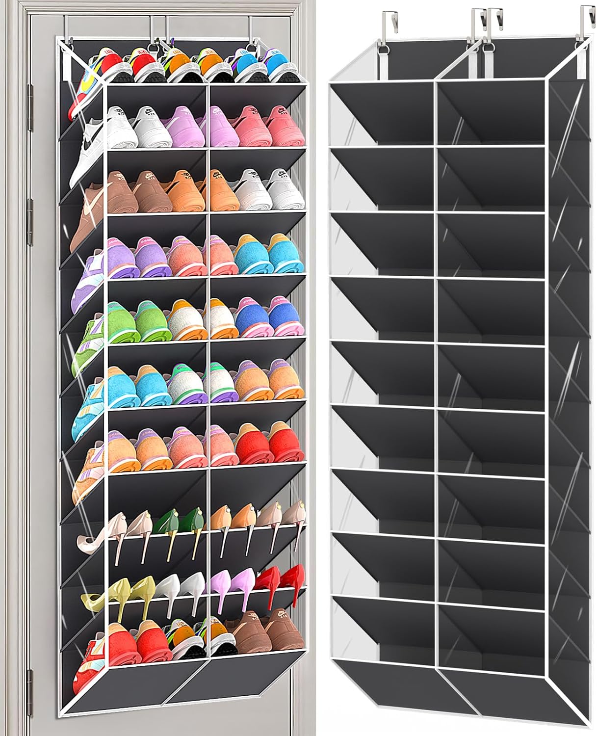 UVIAHOMI 20-30 Pairs Over the Door Shoe Organizer, Clear Pockets Hanging Shoe Storage for Closet, 10-Tier Door Shoes Rack, Handing Shoes Holder Fit All the Family's Sneakers, Boots, Heels, White