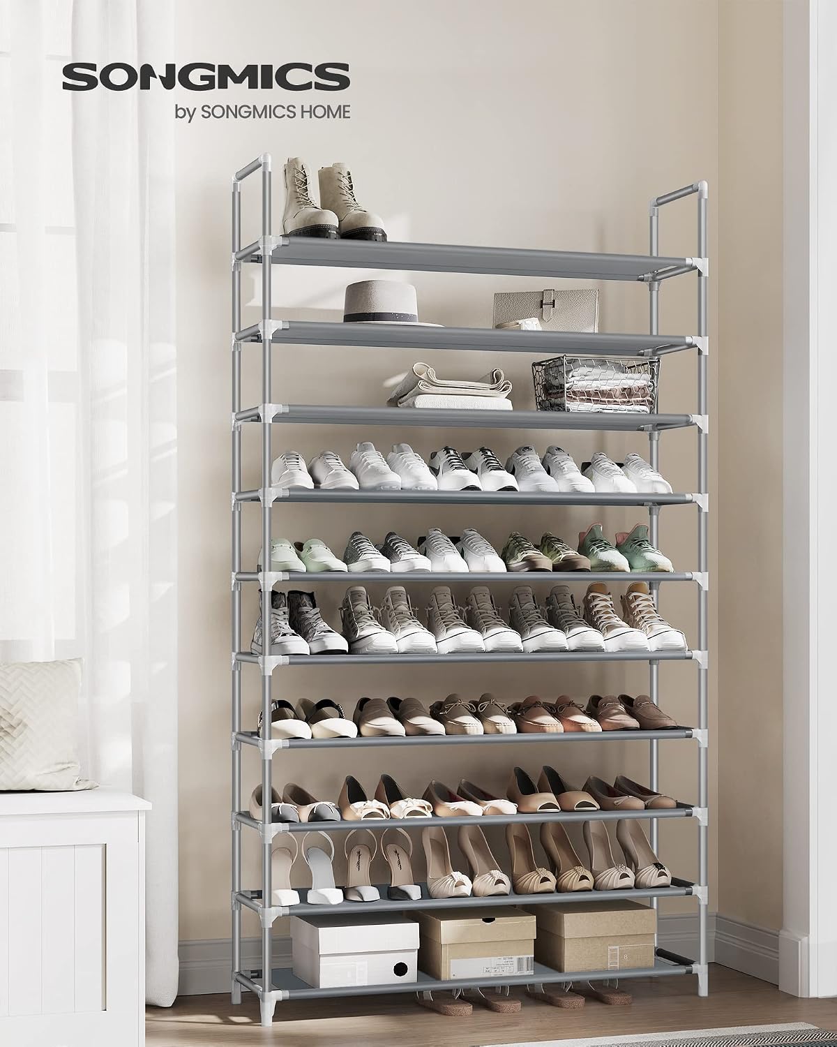 SONGMICS Shoe Rack, 10-Tier Shoe Shelf, Shoe Storage Organizer, 11 x 17.7 x 68 Inches, Metal Frame, Non-Woven Fabric Shelves, for Entryway, Bedroom, Black ULSH010B02