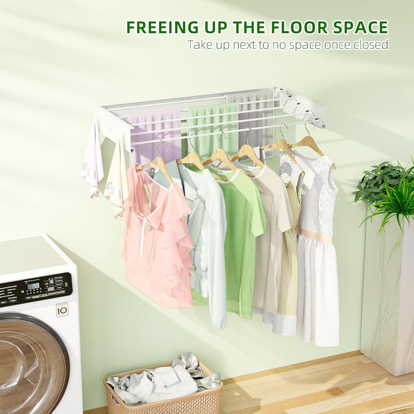 Wall Mounted Drying Rack 23.6'', Foldable Laundry Drying Rack Wall Mount with 4 Towel Hooks and 4 Rods, Space Saving Drying Rack Clothing for Indoor Outdoor Bathroom Balcony (White, 23.6'')