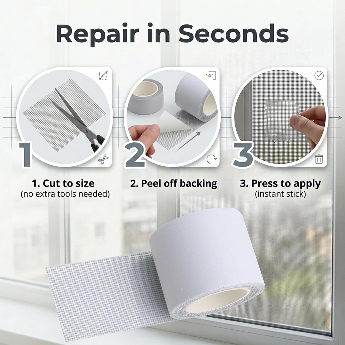 Window Screen Repair Tape 2 in x 16 Ft Grey, Easy Cut Strong Adhesive Waterproof Mesh Patch Kit for Door Tears, Holes Tents