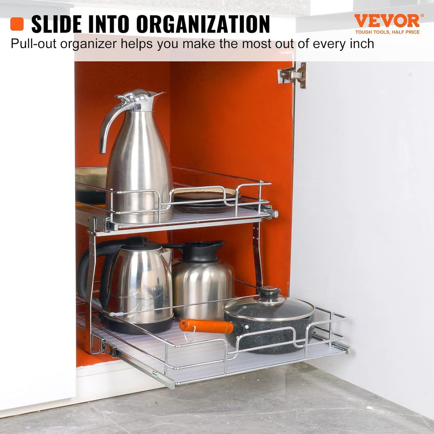 VEVOR Pull Out Cabinet Organizer, 12"W x 21"Dx15.2"H Heavy Duty Slide Out Pantry Shelves, Chrome-Plated Steel Roll Out Drawers for Home,13.5"Wx22"Dx19"H Inside Kitchen Cabinet, Bathroom, Under Sink