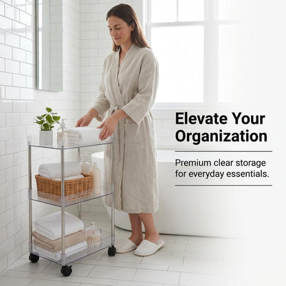 American Dream Home Chrome/Clear Acrylic Slim 3-Tier Rolling Cart Portable Narrow Storage Trolley with Wheels, Transparent Shelves for Bathroom, Kitchen, Office & Small Spaces