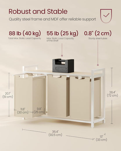 VASAGLE Laundry Hamper, Laundry Basket Sorter with 3 Pull-Out and Removable Bags, Shelf, Metal Frame, 3 x 10.6 Gallons (40 L), 36.4 x 13 x 28.4 Inches, Cappuccino Beige and Natural Beige UBLH301LH01