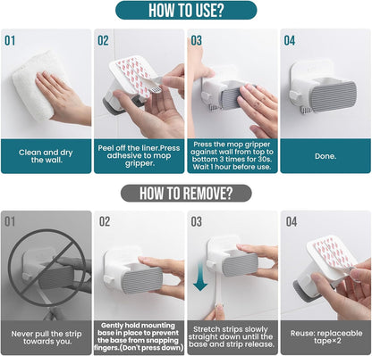 TAILI Mop and Broom Holder Wall Mount Grippers, 2 Hangers and 6 Adhesive Strips, Damage Free Hanging Wall Mount, Household Cleaning Organizer for Organization and Storage, Holds up to 4 lbs, White