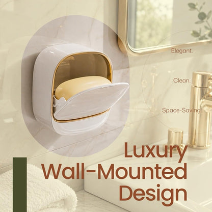Wall Mounted Soap Holder with Drain Tray, 2 Pack Waterproof Soap Dish with Flip Lid, Self Draining Soap Bar Holder for Shower, Bathroom & Kitchen