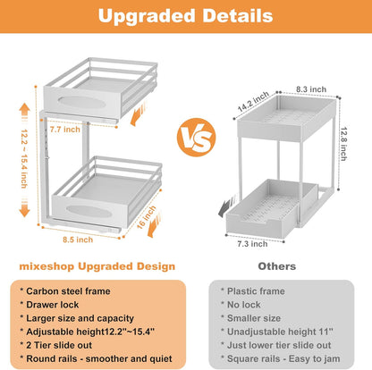 mixeshop Under Sink Organizer, 2 Tier Under Sink Organizers and Storage, Adjustable Height, Slide out Metal Cabinet Organizers, Pull out Cabinet Storage Drawer Shelf for Kitchen Bathroom (Black, 2)