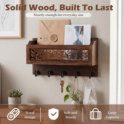 Novabright Mail and Key Holder for Wall Decorative Wall-Mounted Carved Wooden Mail Organizer with 5 Sturdy Key Hooks Rustic Home Decor for Entryway Hallway Office Farmhouse