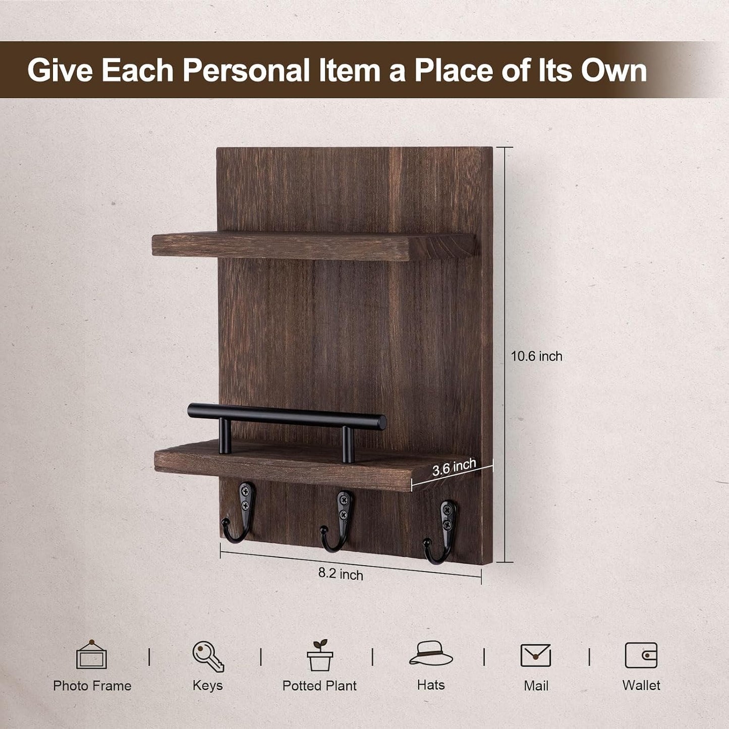 Key Holder Wall Mount, Mail Shelf Decor with 3 Key Hooks, Versatile Wood Wall Organizer for Entryway Hallway (8.2” x 10.6”x 3.6”) (White)