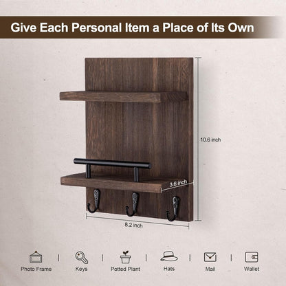 Key Holder Wall Mount, Mail Shelf Decor with 3 Key Hooks, Versatile Wood Wall Organizer for Entryway Hallway (8.2” x 10.6”x 3.6”) (White)