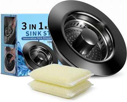 3-in-1 Kitchen Sink Drain Strainer - Pop Up Sink Stopper, Stainless Steel Sink Drain Strainer, Kitchen Sink Stopper & Drain Plug with Anti-Clogging Basket,Sink Strainer Fits US Standard 3-1/2'' Drains