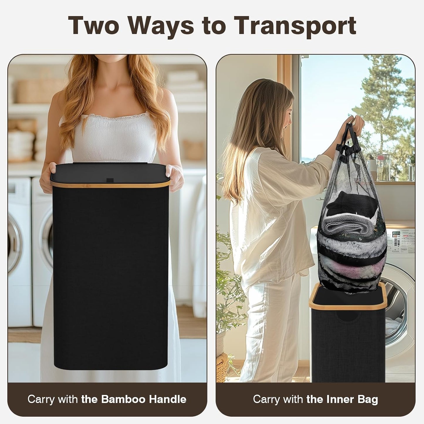 160L Laundry Hamper with Lid, 3 Section Laundry Basket with 3 Removable Bag | Clothes Hampers for Laundry with Bamboo Frame Handle, Large Dirty Clothes Hamper for Laundry Room, Bathroom, Bedroom, Black