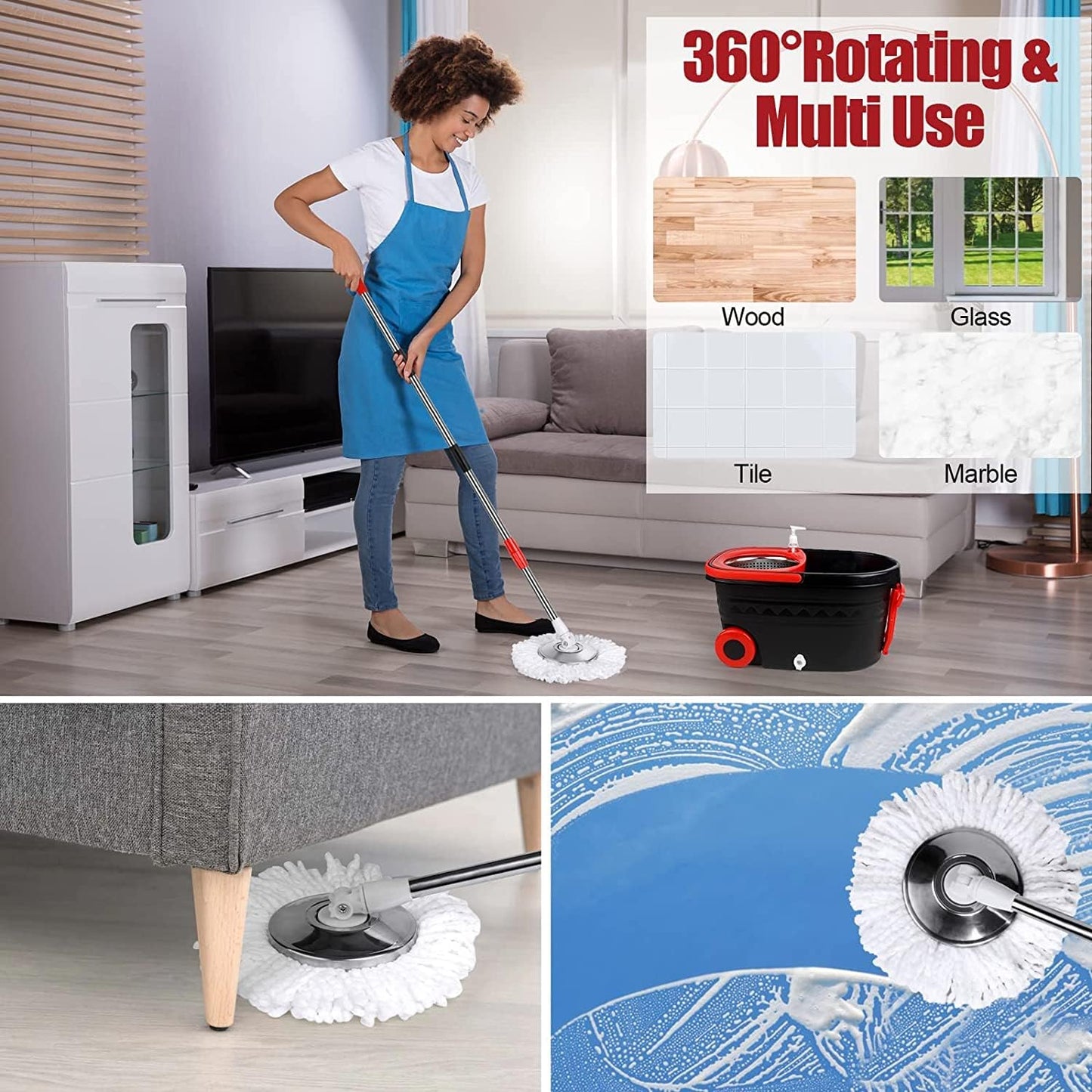 Mop and Bucket Set, 360° Spin Mop and Bucket with Wringer Set and 3 Microfiber Mop Refills, Stainless Steel 61" Extended Handle Spinning Mop Bucket System for Floor Cleaning