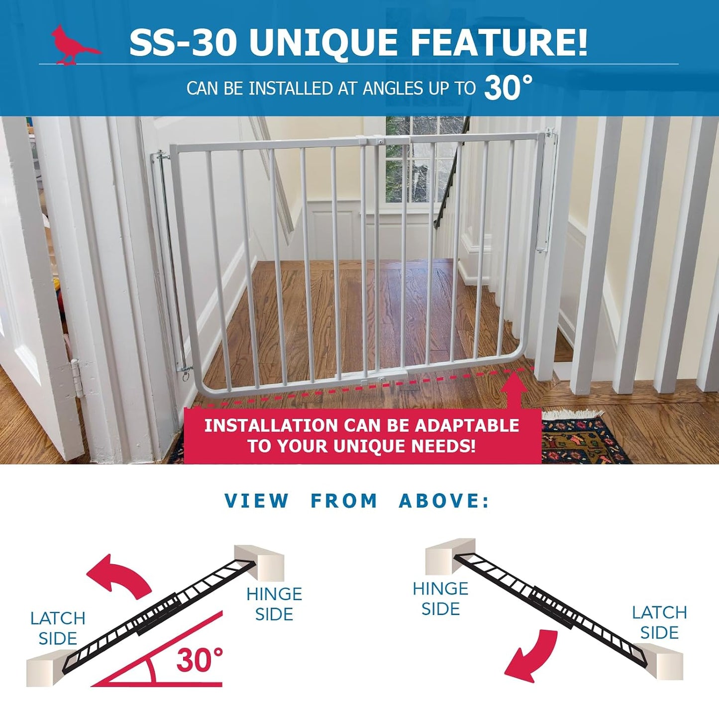 Cardinal Gates SS30 Stairway Special Baby Gate for Top of Stairs - Adjustable Indoor Dog Gate - Aluminum Metal Safety Gate for Kids & Pets - 27 to 42.5 Inches Wide - White