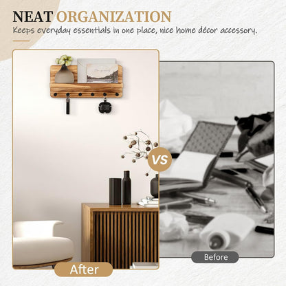 Nekon Key Holder for Wall with Shelf, Pine Wooden Key Hanger Wall Mounted, Farmhouse Wall Organizer for Home Entryway & Apartment (Standard, Wood)