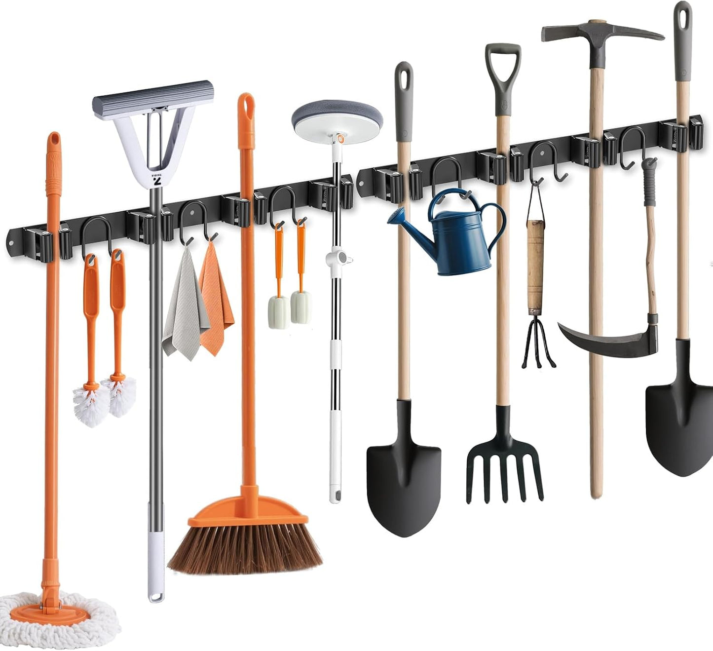 Broom Holder Wall Mount, Stainless Steel Mop Hanger with 4 Slots 6 Hooks, Tool Storage Wall Organizer for Kitchen Garden Garage Laundry Room Bathroom and RV, Black 1-Pack