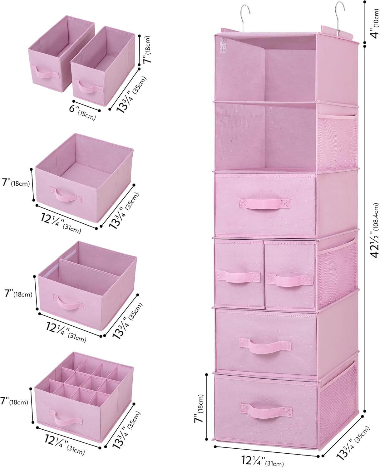 GRANNY SAYS Hanging Closet Organizer 6 Shelves, Closet Organizers and Storage with 5 Drawers, 6 Side Pockets Closet Hanging Organizer, Hanging Storage Organizer for Closet, Baby Clothes, Gray