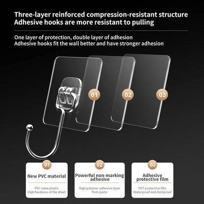 Large Adhesive Hooks for Hanging Heavy Duty Wall Hooks 22 lbs Self Adhesive Towel Waterproof Transparent for Bags Bathroom Shower Outdoor Kitchen Cups Door Coat Sticky Hooks (Transparent, 16pcs)
