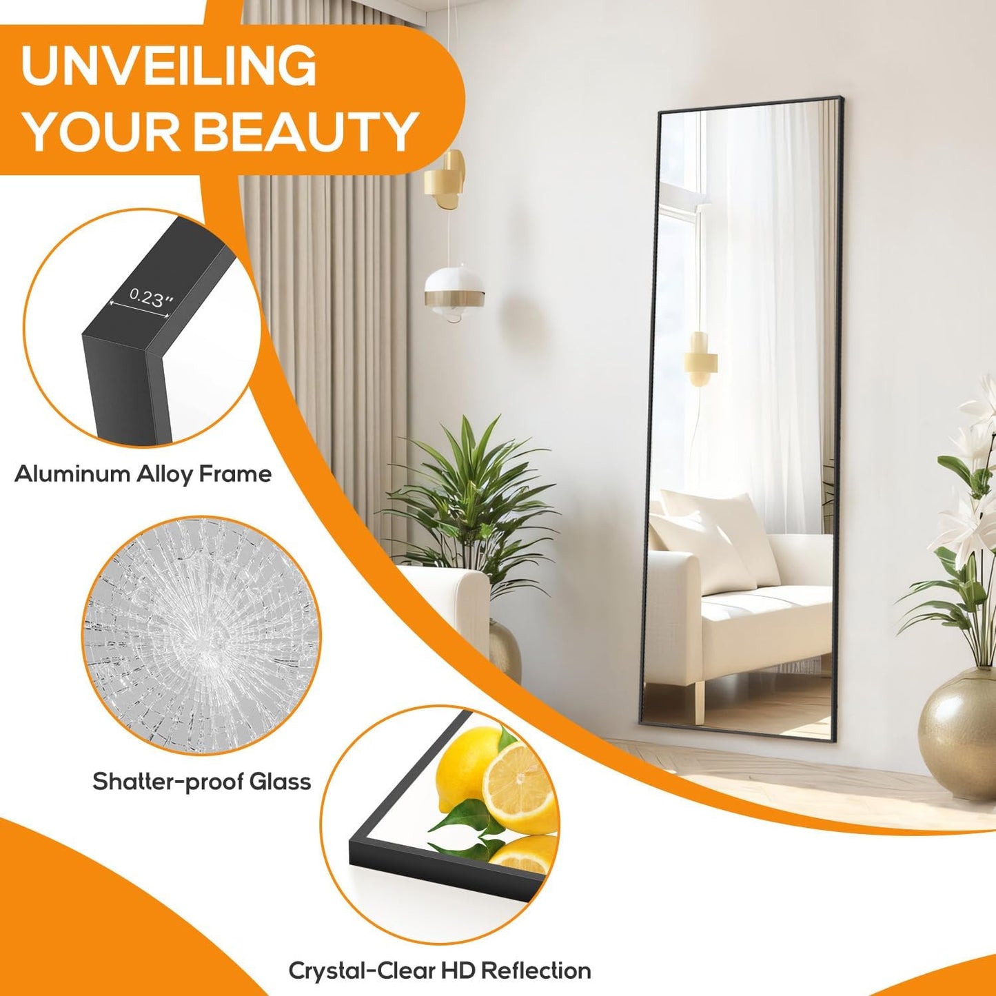 Arched Mirror Full Length, Upgraded 16"x59" Body Wall Mirrors with Shatter-Proof Glass, Floor Standing, Hanging or Leaning, Tall Arch Mirror with Stand Aluminum Alloy Frame for Bedroom, Black