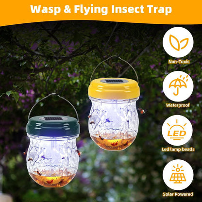 4 Pack Solar Wasp Traps Outdoor Hanging: Reusable Yellow Jacket Traps with LED Light - Effective Carpenter Bee Catcher & Hornet Trap - Waterproof Wasp Deterrent for Garden & Yard (4)