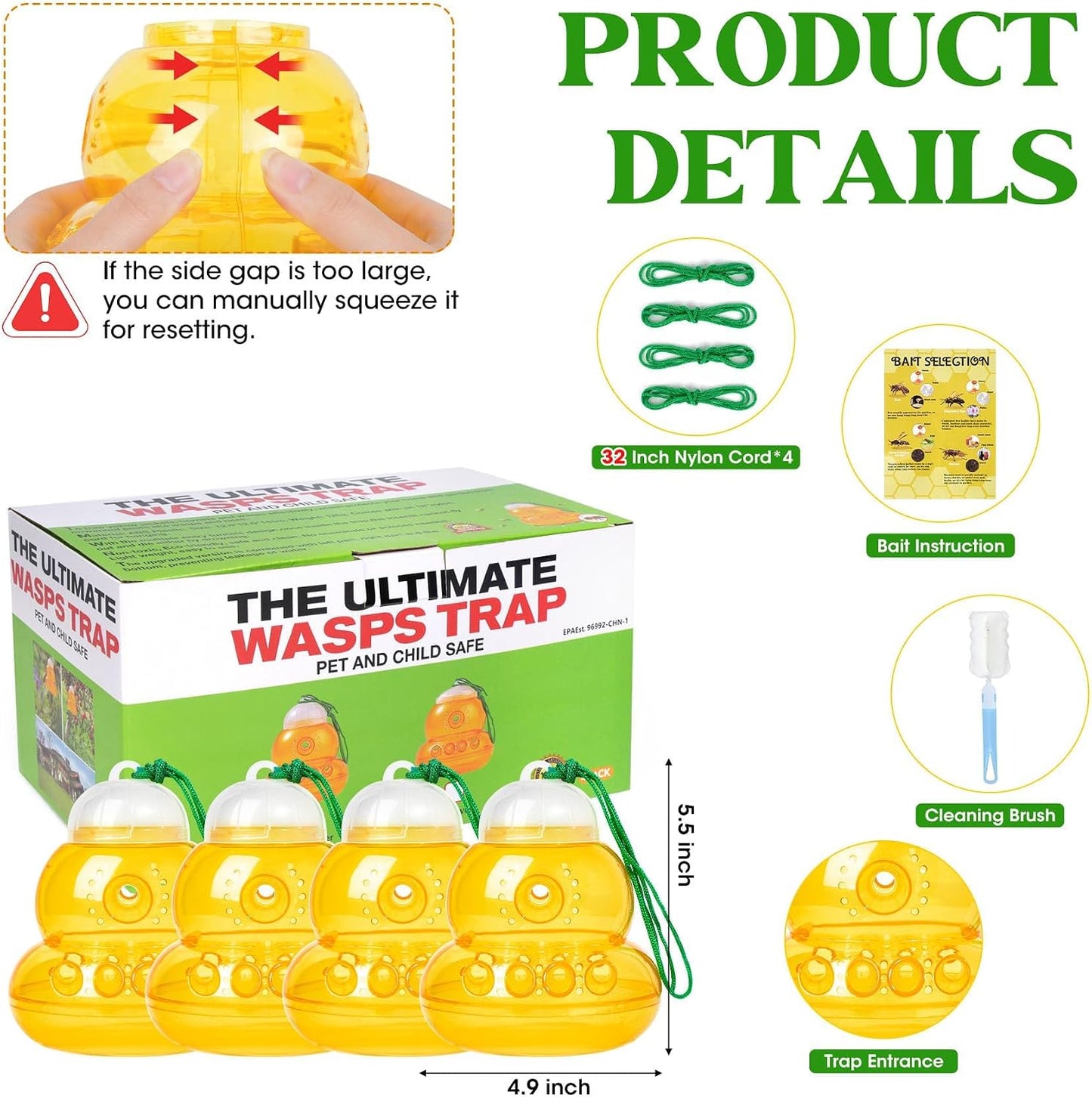 4 Pack Reusable Wasp Traps Outdoor Hanging | Yellow Jacket Trap Carpenter Bee Traps for Outside Hornet Trap Wasp Catcher for Outdoors, Wasps Killer Garden, Farm