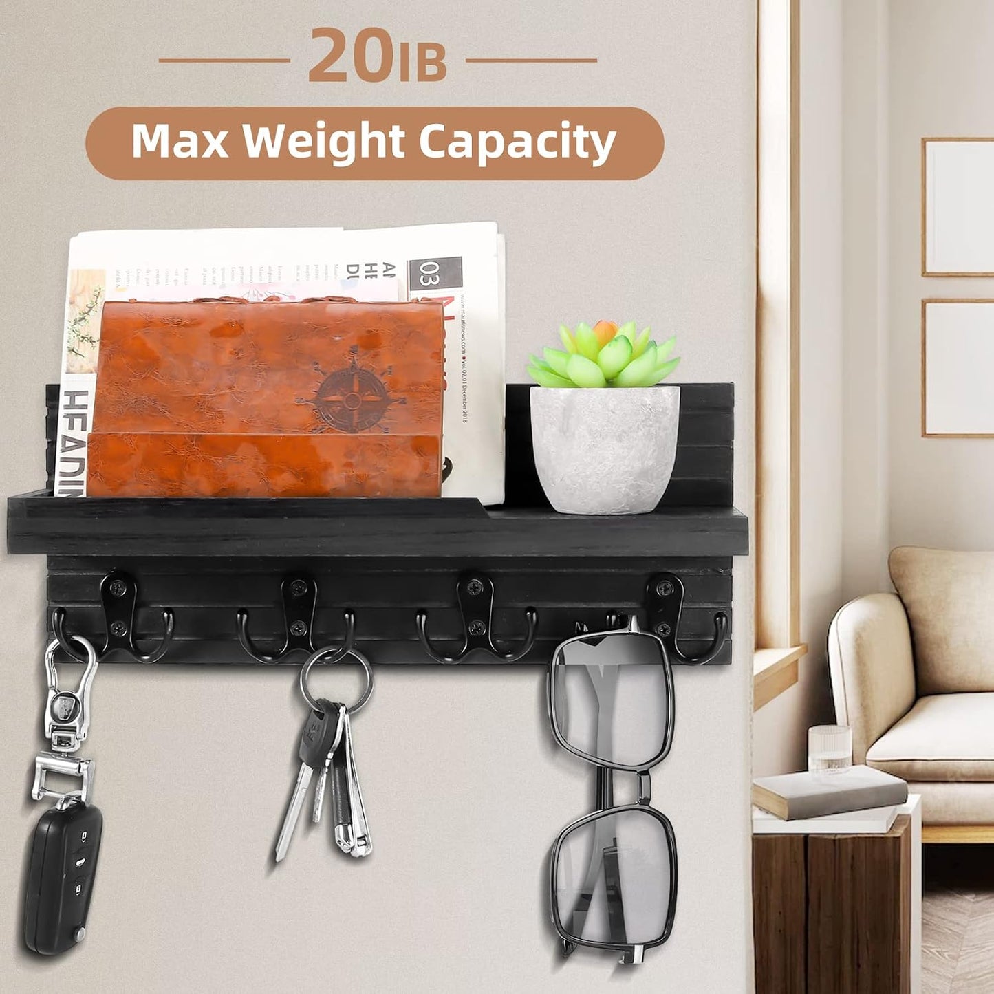 Decorative Key Hanging Rack with 4 Double Hooks – Easy Install Natural Wooden Key and Mail Holder for Wall Mount – Entryway Decor Rack with Shelf (Carbon Black)