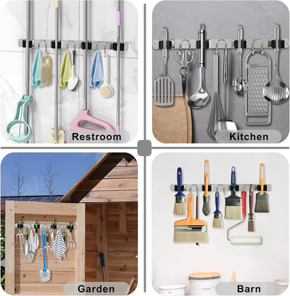 Broom Holder Wall Mount, Stainless Steel Mop Hanger with 4 Slots 6 Hooks, Tool Storage Wall Organizer for Kitchen Garden Garage Laundry Room Bathroom and RV, Black 1-Pack