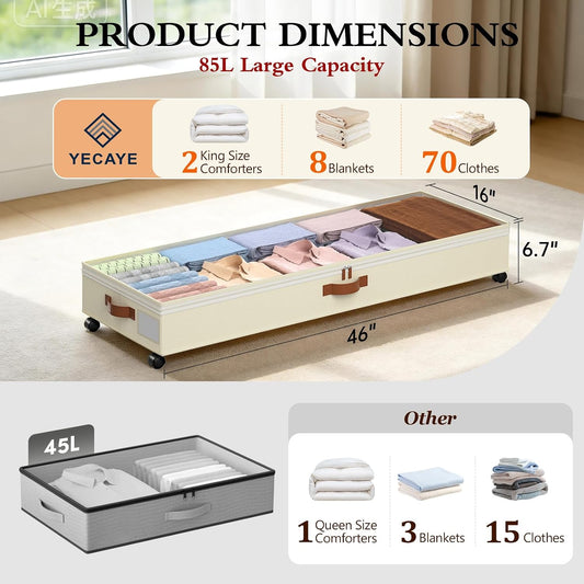 Yecaye Under Bed Storage with Wheels, 2 Pack Under Bed Storage Containers with Adjustable Dividers & Clear Lid, Rolling Underbed Organizer Bins Drawer for Clothes, Shoes, Blankets(30.3 x 16 x 6.7in)
