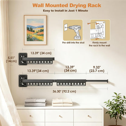 Wall Mounted Clothes Drying Rack Foldable, Windproof Aluminum Laundry Drying Rack Clothing, Retractable Space-Saving Drying Racks for Laundry Room Balcony Bathroom, Indoor/Outdoor Use