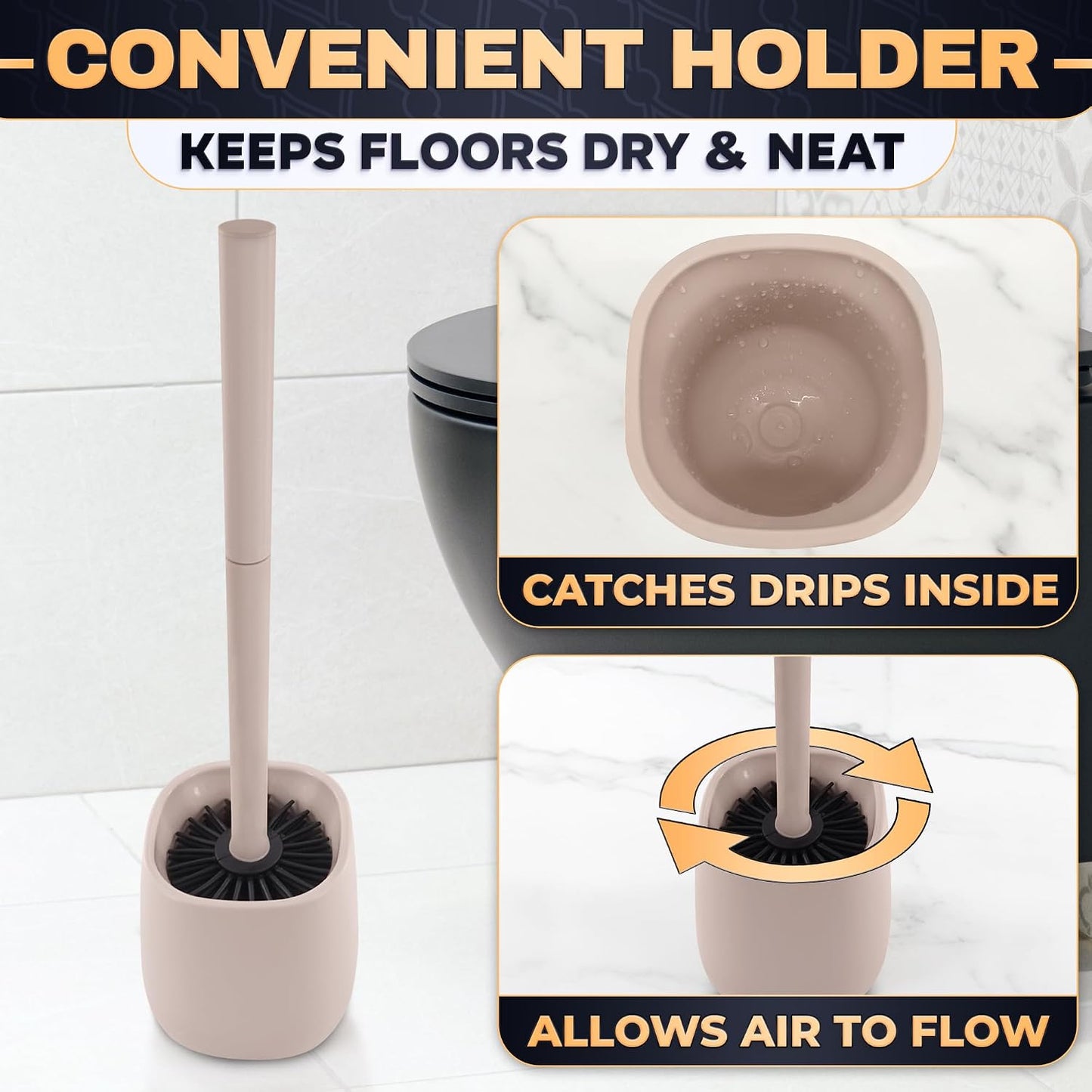 Silicone Toilet Brush and Holder Set - Cream RV Toilet Brush with Holder, Flexible Head, Soft Bristles, Detachable Handle and Freestanding Base, Compact Bathroom Cleaning Tool with Minimalistic Design